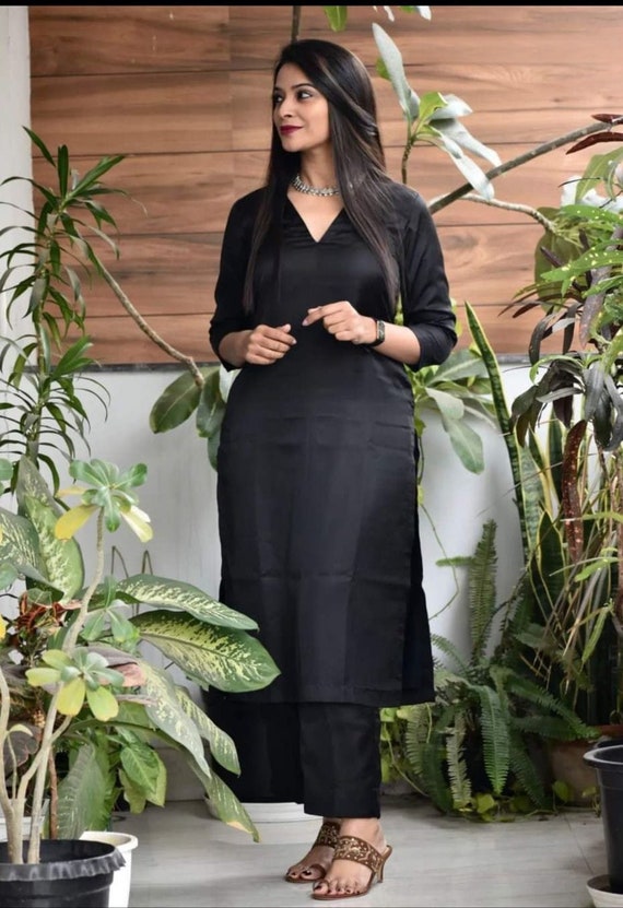 Black Cotton Straight Kurta Pants Suit Set