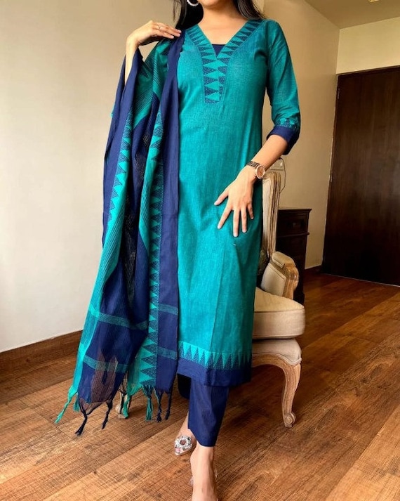 Premium South Cotton Handloom Straight Kurti With Pants and