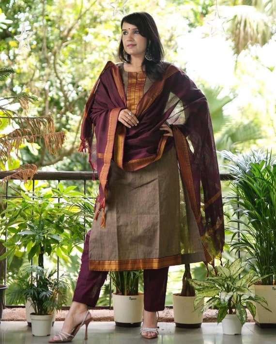 Sanskruti Beige with Black Dupatta South Cotton Temple Hem Suit Set –  Desisandook Enterprises Private Limited