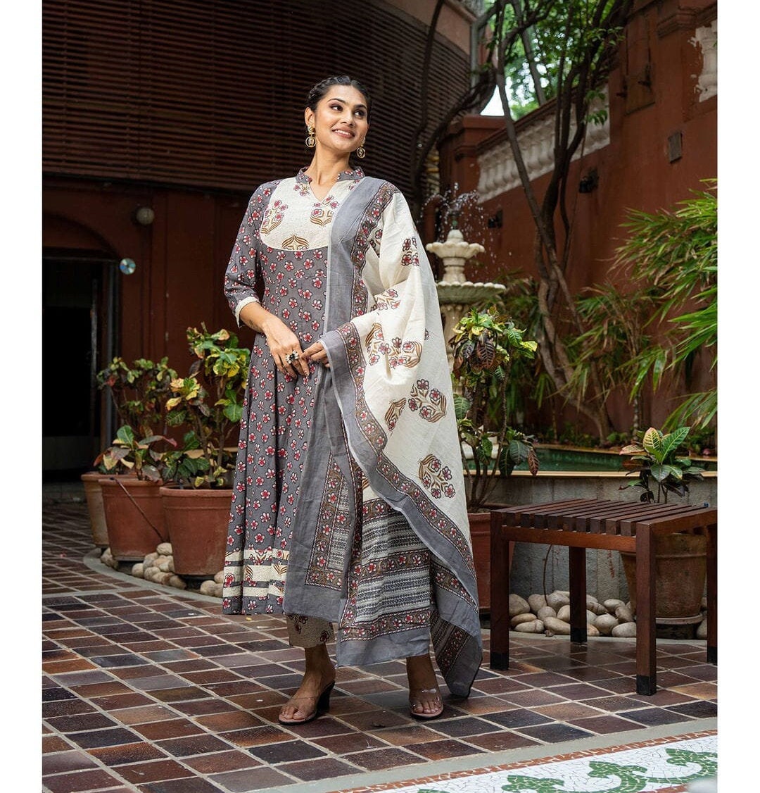 Grey Paisley Embroidered Anarkali Suit with Dupatta – Talking Threads