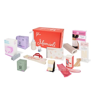 May include: A red box with the word "Mamieli" on it, surrounded by various postpartum recovery products, including a postpartum recovery guide, a belly bandit, a perineal bottle, a reusable ice pack, a pair of compression socks, a pair of underwear, a pair of pads, a scar defense product, a tote bag, and a washcloth.