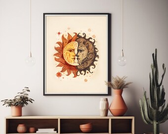 Afdrukbare muurkunst zon en maan, zon en maan print, zon en maan digitale kunst, boho zon en maan kunst, zon en maan schilderij, boho zon