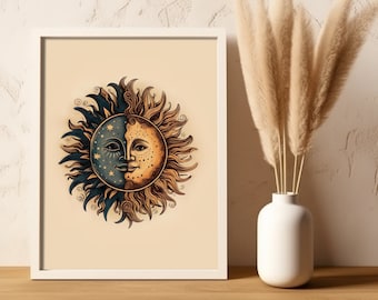 Zon en maan digitale kunst, zon en maan muurkunst afdrukbaar, zon en maan wanddecoratie, boho zon en maan kunst, zon en maan schilderij