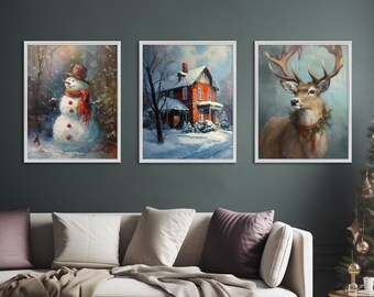 Pinturas a óleo de natal, conjunto de 3 impressões, arte para impressão, galeria de natal, arte de parede de natal vintage, arte rústica para impressão de inverno