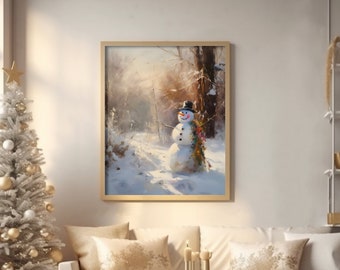 Christmas Snowman Vintage Print, Sunny Winter Snowy Forest Farmhouse Xmas Prints, Neutral Holiday Wall Art Digital Art Download Oil painting