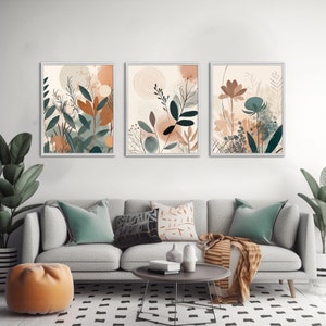 Boho Blumen Wandkunst, Boho Blumen Poster, schlichter Neutraldruck, druckbare Wandkunst, Mid Century, moderne digitale Kunstdrucke, 3er-Set Drucke