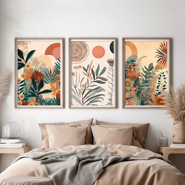 Flower Wall Art, Boho Floral Poster, Neutral Simple Print, Printable Wall Art, Mid Century, Modern Digital Art Prints, Set of 3 prints