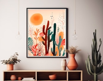 Orange Aquarell Kaktus Wandkunst, Buntes Minimalistisches Kaktus Dekor, Digitaldrucke, Kaktus Wohnkultur, Wohnzimmer Wandkunst, Wüstenkunst