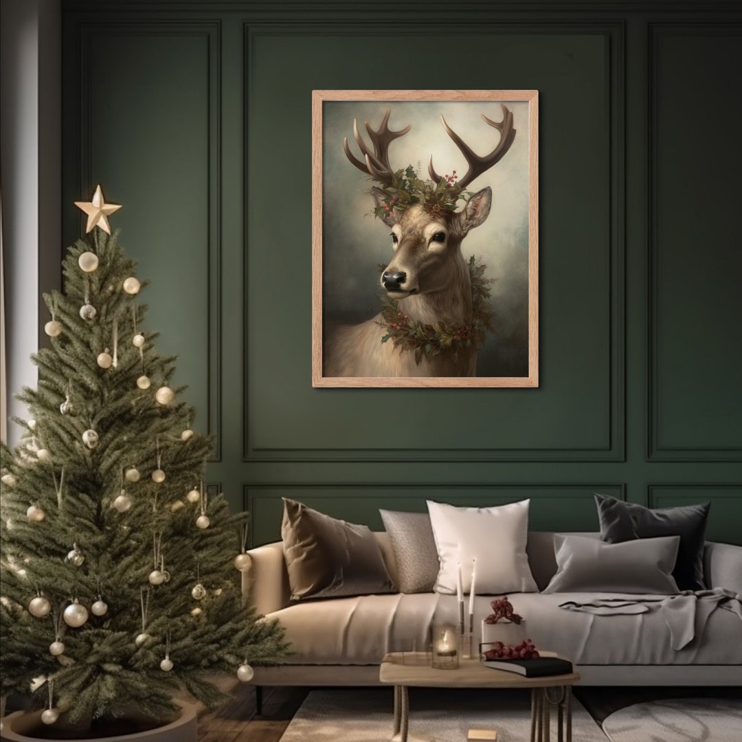Christmas Deer Painting in Winter Christmas Decor Vintage Wall Art ...