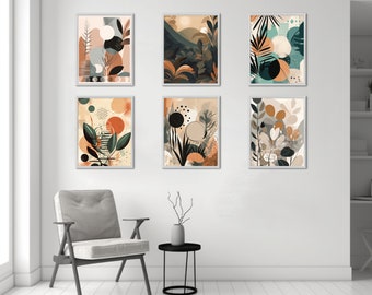 Boho botanical Wall Art, Boho Floral Poster, Neutral Simple Print, Printable Wall Art, Mid Century, Modern Digital Prints, Set of 6 prints