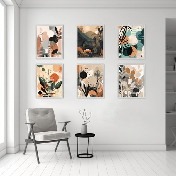 Arte de pared botánico boho, cartel floral boho, impresión simple neutra, arte de pared imprimible, mediados de siglo, impresiones digitales modernas, conjunto de 6 impresiones