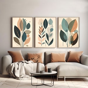 Impressions d'art mural Boho leaves, lot de 3 impressions, beige, vert, art mural bohème, impression simple neutre, téléchargement numérique, art mural de feuilles