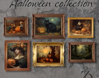 Printable Halloween Rustic Vintage Halloween wall art, Halloween Decor, Art Gallery Collage, pumpkins, cat, oil painting style, set of 6
