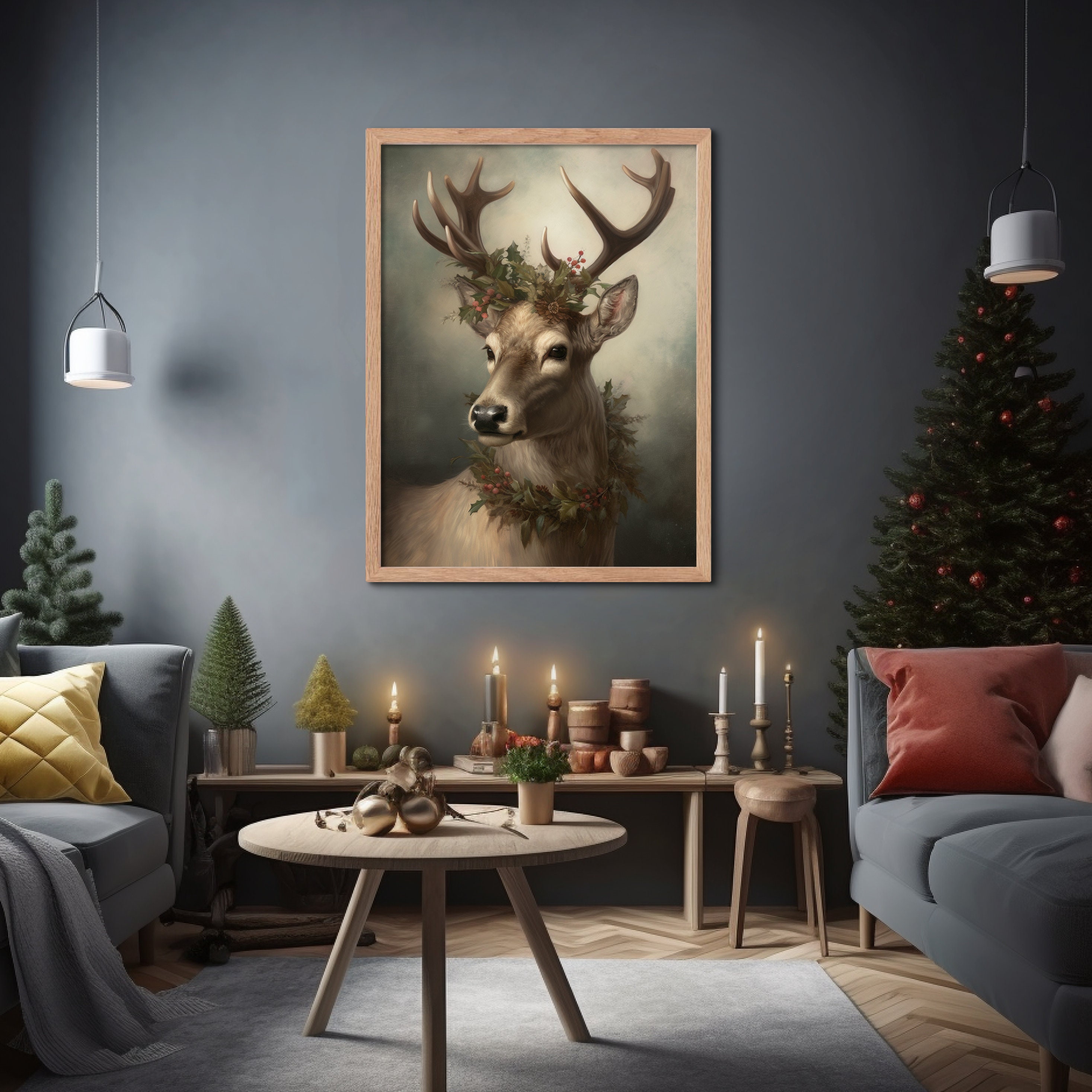 Christmas Deer Painting in Winter Christmas Decor Vintage Wall Art ...