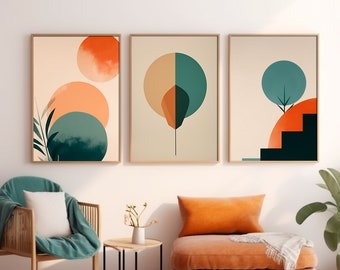 Bauhaus Poster Prints, Retro Lines Art Bauhaus, Print Geometric Mid Century Posters, Neutral Wall Art Orange Green Beige, Download set of 3