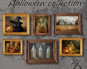 Art Gallery Collage, Vintage Halloween wall art, Printable Halloween Rustic, Halloween Decor, pumpkins, Halloween cat, oil painting style