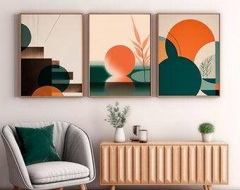Downloadbare Bauhaus-posterafdrukken, retro lijnen kunst Bauhaus-afdruk geometrische posters uit het midden van de eeuw, neutrale muurkunst oranje groen beige