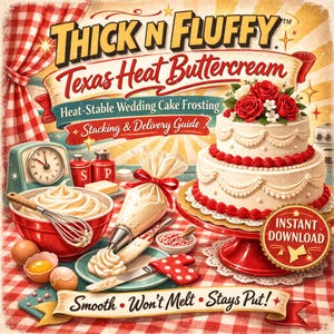 May include: A vintage-style illustration promoting "Thick N Fluffy Texas Heat Buttercream." The image features a two-tiered wedding cake with red roses, baking tools, and the text "Heat-Stable Wedding Cake Frosting + Stacking & Delivery Guide." The words "Smooth, Won't Melt, Stays Put!" are also visible.