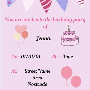 Girls Birthday Party Invitation/Editable/Balloons/Cake/Pink