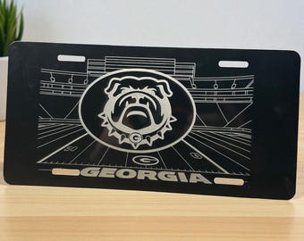 Georgia Bulldogs Black Aluminum License Plate – Laser Engraved Stadium Design