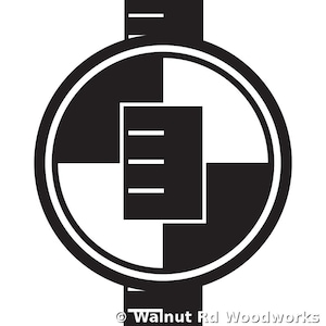 Könnte beinhalten: Schwarz-weißes Logo mit einem kreisförmigen Design und einem kreuzartigen Muster. Im Inneren des Kreises befinden sich rechteckige Formen und horizontale Linien. Der Text "© Walnut Rd Woodworks" befindet sich unten.