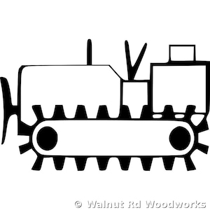 Può includere: Illustrazione in bianco e nero di un bulldozer. Il bulldozer ha una lama, un cingolo con denti e una cabina. L'immagine è una semplice rappresentazione grafica dei macchinari pesanti.