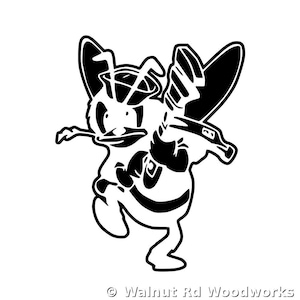 May include: Black and white cartoon illustration of a bee character with wings, wearing a hat and holding a golf club. The bee is in a walking pose. The text "© Walnut Rd Woodworks" is at the bottom.