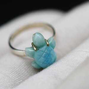 Enlarged Picture Natural Larimar Ring, Hand Carved Larimar Stone, Turtle Shape Ring, 925 Sterling Silver Ring, Larimar Carving Ring,