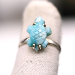 Enlarged Picture Natural Larimar Ring, Hand Carved Larimar Stone, Turtle Shape Ring, 925 Sterling Silver Ring, Larimar Carving Ring, Larimar