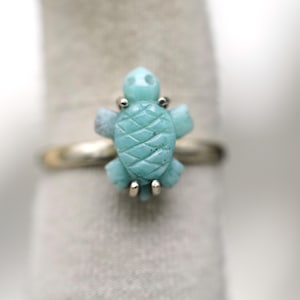 Enlarged Picture Natural Larimar Ring, Hand Carved Larimar Stone, Turtle Shape Ring, 925 Sterling Silver Ring, Larimar Carving Ring,