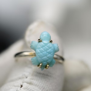 Enlarged Picture Natural Larimar Ring, Hand Carved Larimar Stone, Turtle Shape Ring, 925 Sterling Silver Ring, Larimar Carving Ring