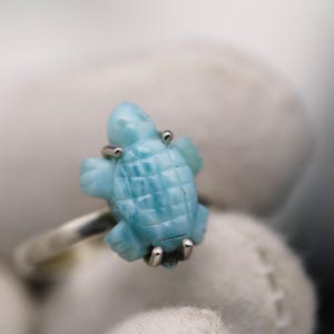 Enlarged Picture Natural Larimar Ring, Hand Carved Larimar Stone, Turtle Shape Ring, 925 Sterling Silver Ring, Larimar Carving Ring,