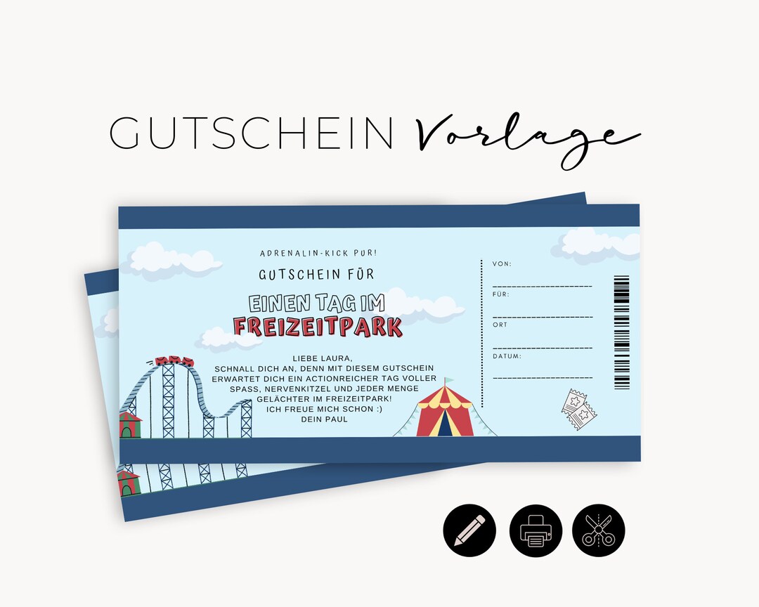 DIY Gutschein Freizeitpark personalisierbar Vorlage Etsy.de
