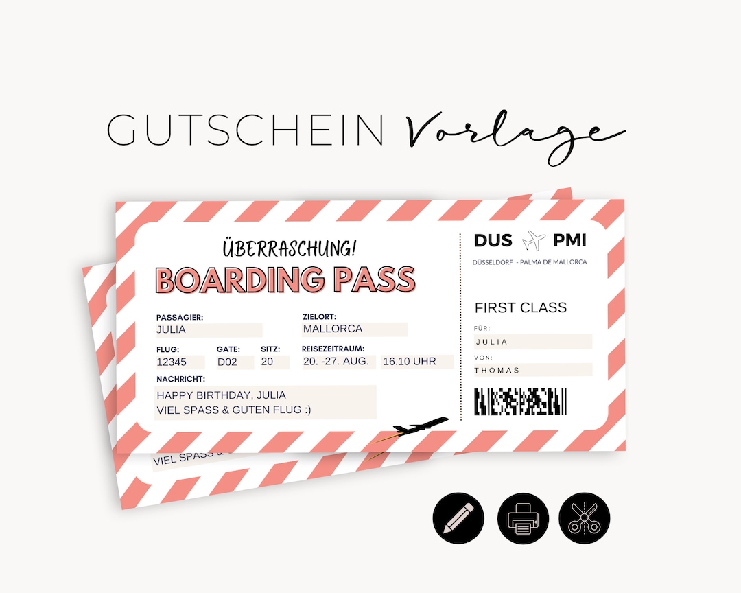 Boarding Pass Flugticket Vorlage Reisegutschein Geschenk personalisierbar Überraschungsreise