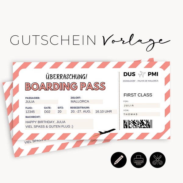 Boarding Pass Flugticket Vorlage | Reisegutschein Geschenk personalisierbar | Überraschungsreise Gutschein zum ausdrucken GS 504