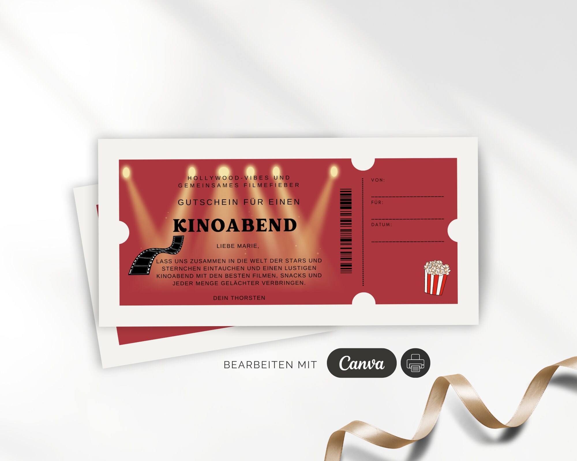 Personalisierbare Gutschein Vorlage Kino Zum Ausdrucken | DIY  Geschenkgutschein Kinobesuch | Digitaler Gutschein Überraschung GS 501 -  Etsy