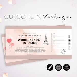personalisierbare Reisegutschein Vorlage Paris zum ausdrucken | Geschenkgutschein Paris Wochenende | digitaler Überraschungsgutschein GS 502