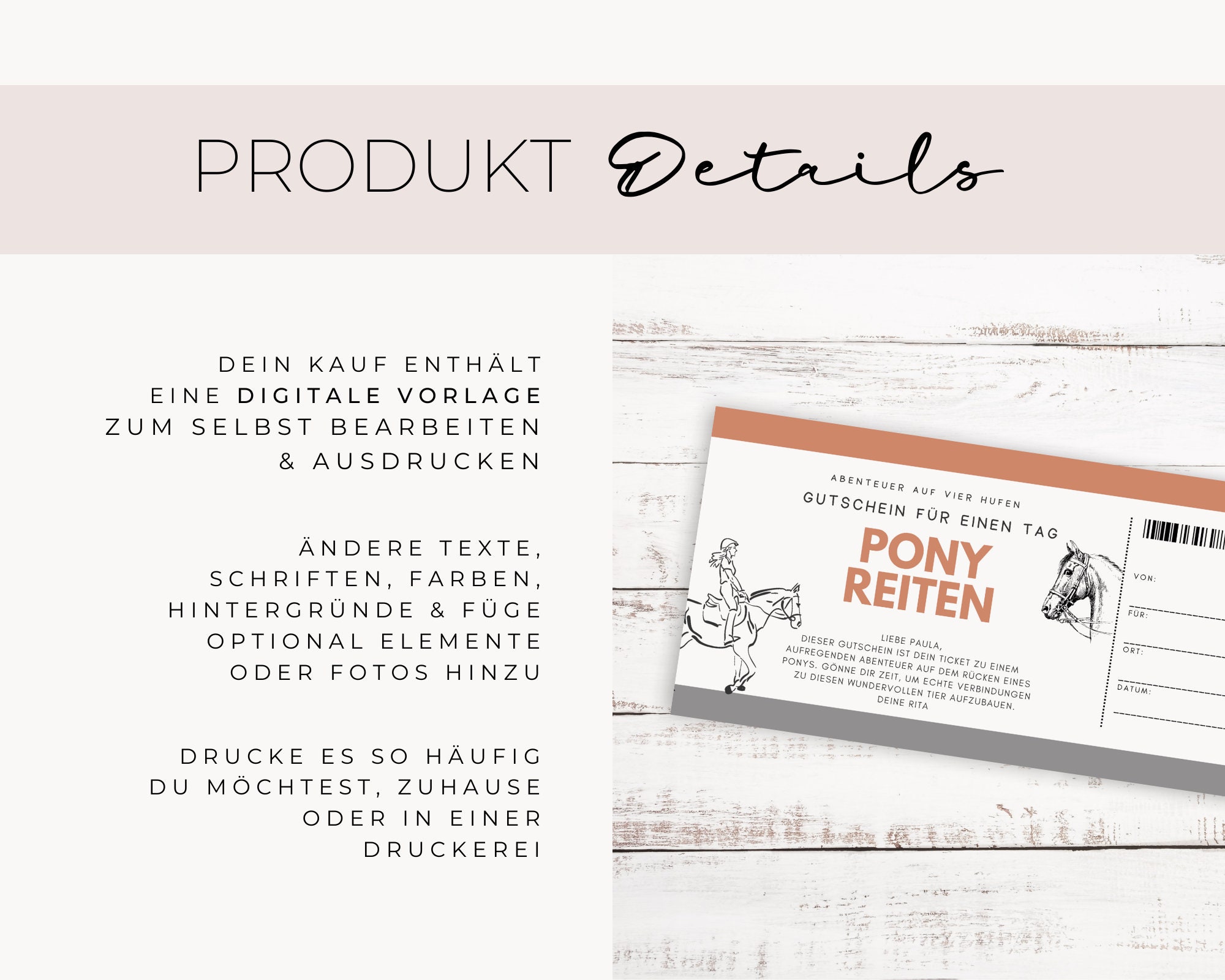 Personalisierbare Gutschein Vorlage Ponyreiten ticket Gutschein Pferde ...