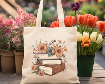 Books and Flowers Tote Bag: Book Lover Gift