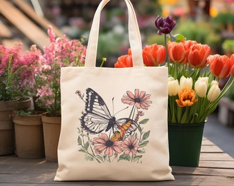 Butterfly Wildflower Tote Bag, Botanical Floral Print, Cotton Canvas