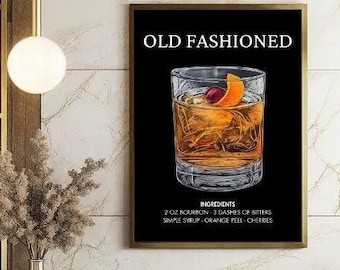 Old Fashioned Cocktail Poster, Mixology Recipe, Bar Decor