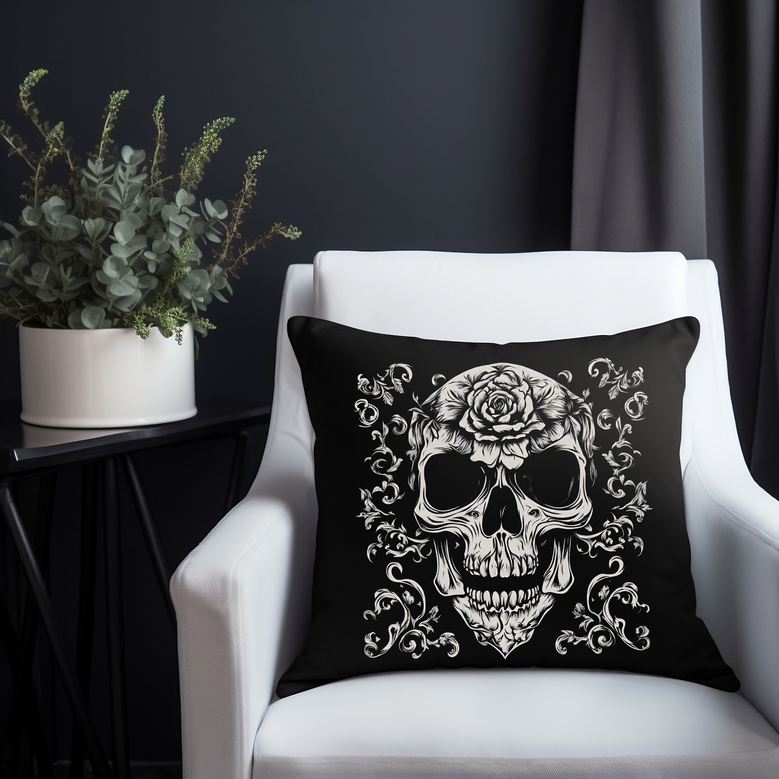 Suonity Victorian Goth Gothic Skull Damask Linen Throw Pillowcases, Pack of  2, Sofa Bedding Decorative Throw Pillows.