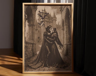Gothic Sapphic Vampire Kiss Art Print - LGBTQ WLW Halloween Decor