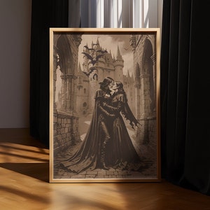 Stampa artistica del bacio del vampiro gotico saffico - LGBTQ WLW Halloween Decor