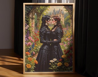 Gothic Sapphic Kunstdruck: Romantisches Lesben Paar Poster