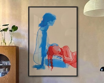 Sapphic Lovers at The Beach Abstract Love Art Print: Romantic Lesbian Wlw Couple Poster
