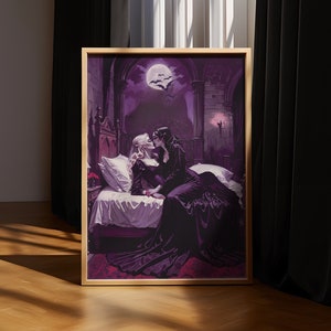 Stampa di bacio lesbico gotico con vampiro: arte murale saffica di Halloween