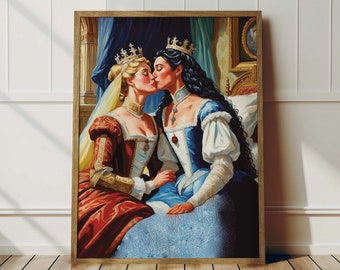 Sapphic Royalties Kissing In Bed Wall Art - Lesbian Victorian Print, Romantic Queer Couple, LGBTQ Print,  Wlw Vintage Poster