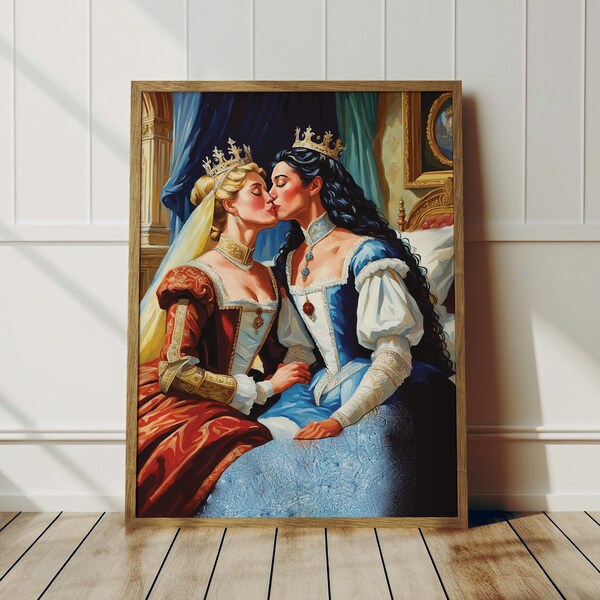 Sapphic Royalties Kissing In Bed Wall Art - Lesbian Victorian Print, Romantic Queer Couple, LGBTQ Print,  Wlw Vintage Poster