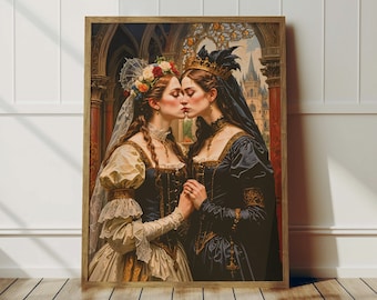 Sapphic Renaissance Wandkunst - Lesbischer Vintage Druck, romantisches Queer Paar, LGBTQ, Vintage Sapphic, viktorianischer Lesbendruck, Wlw